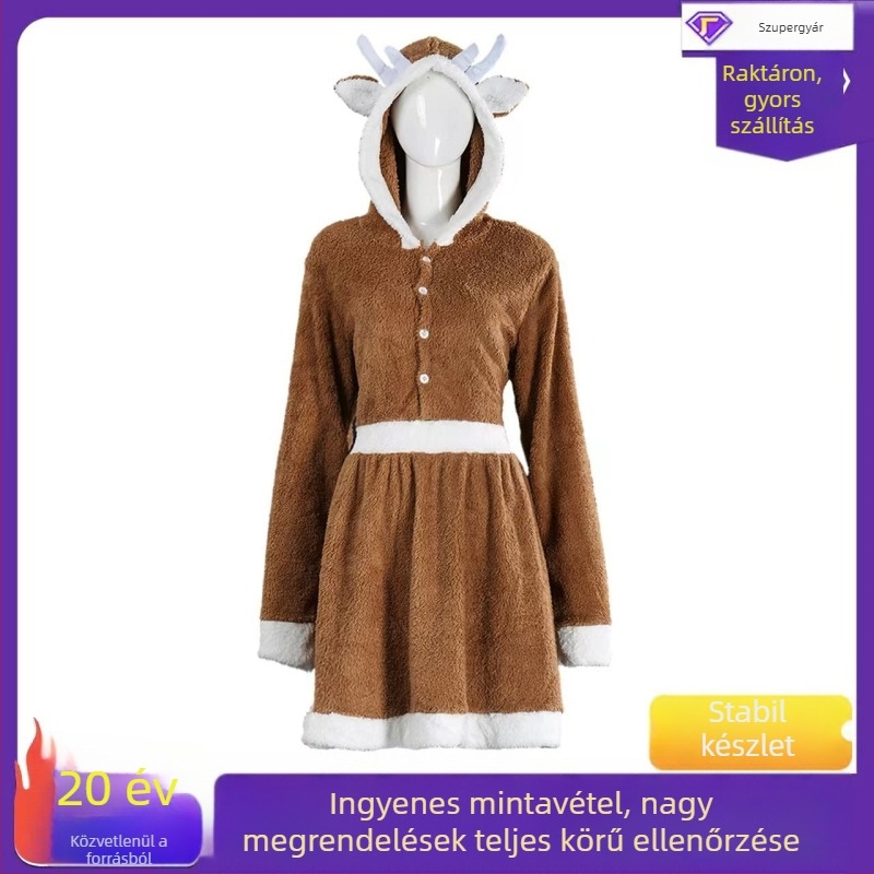 Karácsonyi cosplay jelmez: aranyos rénszarvas ruha khaki színben, laza pizsama stílus