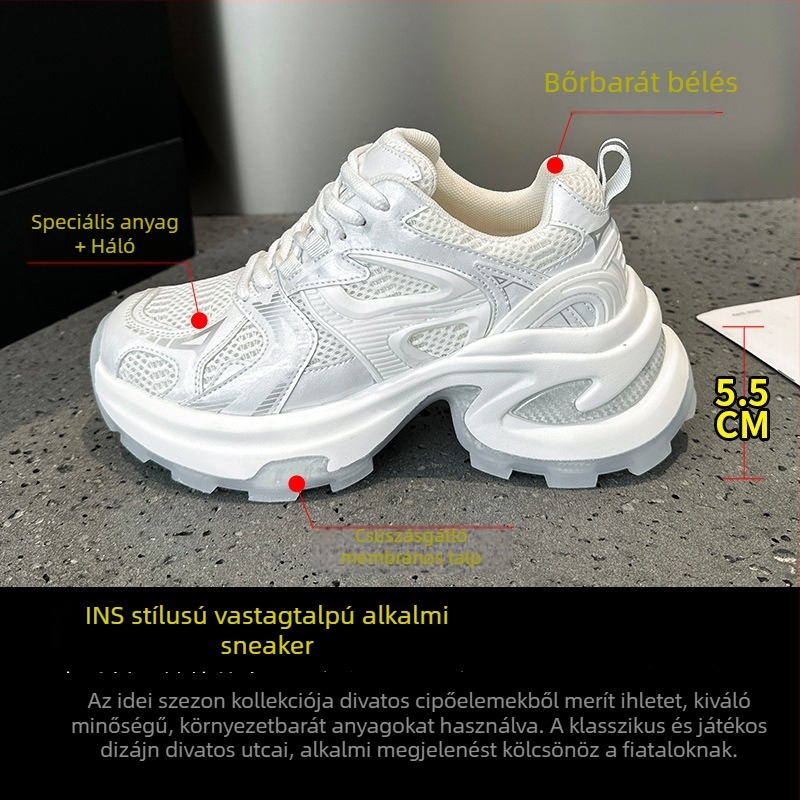 Női 2025 ezüst, vastag talpú magasságot növelő tornacipő hálós felsővel, légáteresztő, mindennapi sportcipő