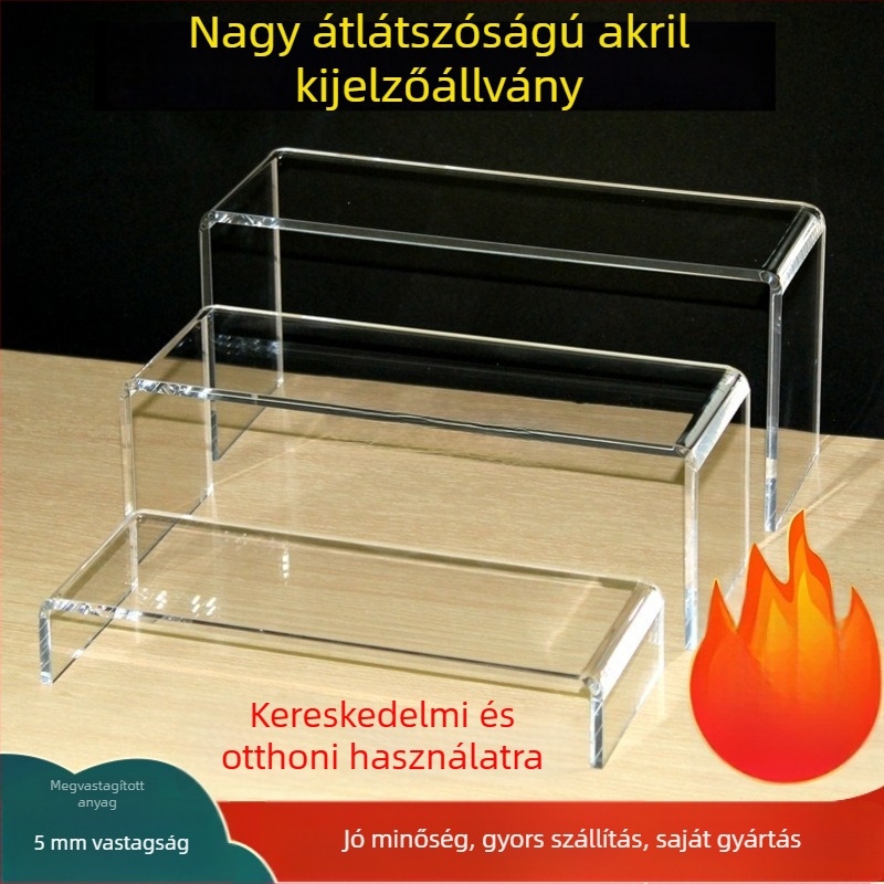 Átlátszó akril U-formájú kiállítóállvány gyűjteményekhez és kozmetikumokhoz, emelt kivitelezéssel és rétegzett rekeszekkel