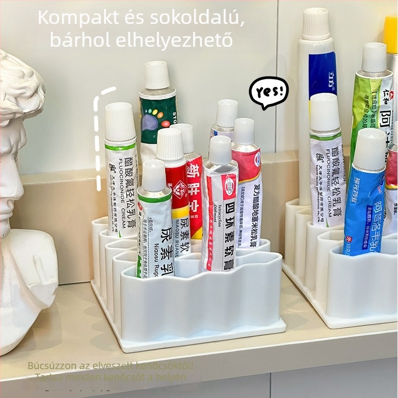 Kenőcsök és krémek tárolóállványa rekeszekkel, cső alakú hullámzó dizájn, otthoni gyógyszer rendező