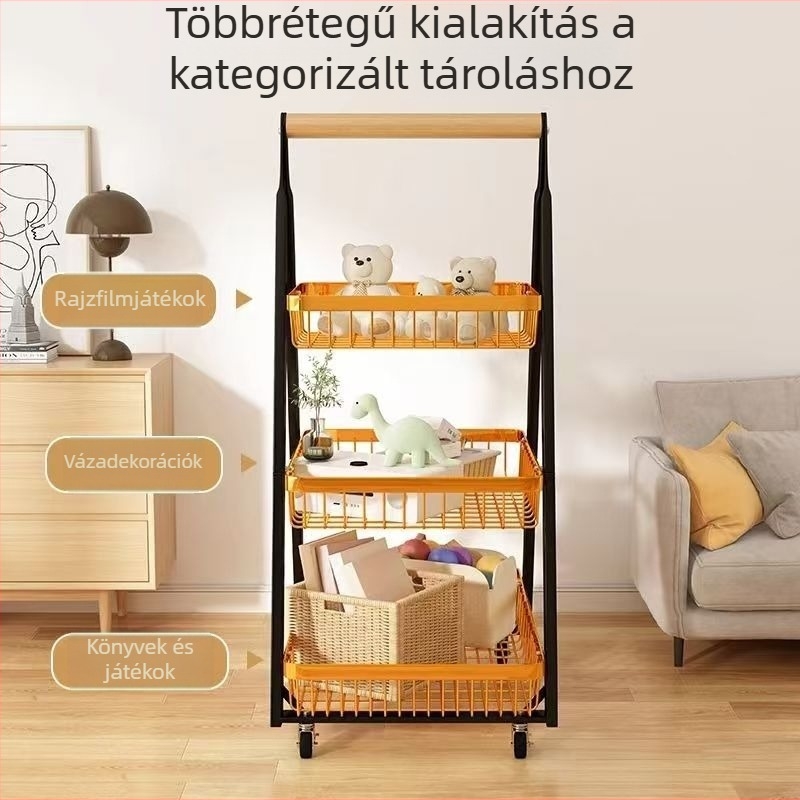 Egyedi konyhai tároló állvány, padlón álló, mozgatható, három polcos, A-keretes váz