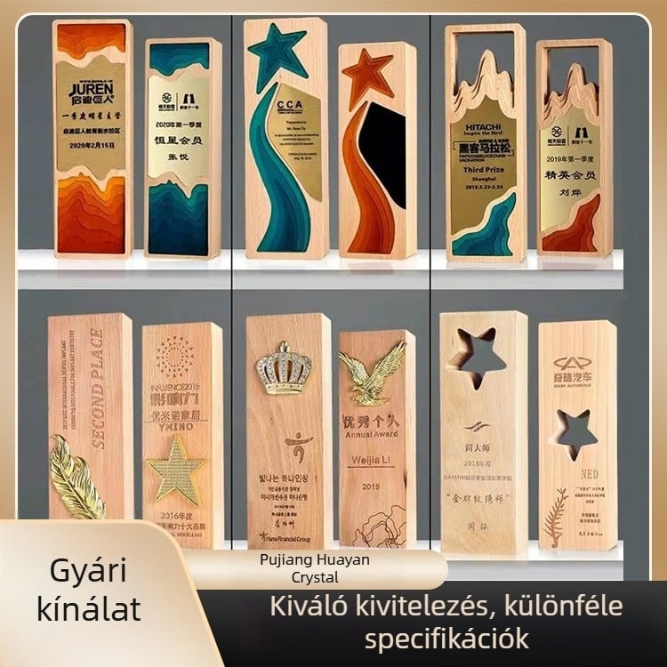 Bükkfa alapú trófea – fehér kristály díj plakett kiemelkedő munkatársnak a vállalati éves találkozón