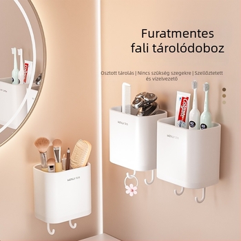 Falra szerelhető fürdőszobai tároló fogkefékhez, fogkrémhez és sminkecsetekhez – fúrás nélküli telepítés, többfunkciós
