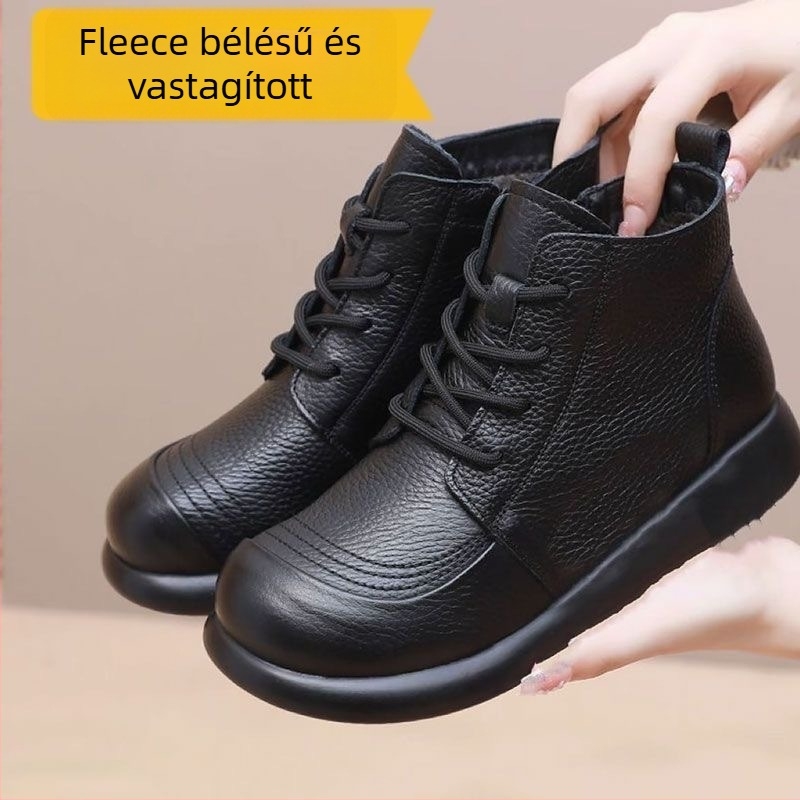 Női PU Martin csizmák, plüss bélés, PVC talp, kerek orr, alacsony sarok, fűzővel záródó, egyszínű