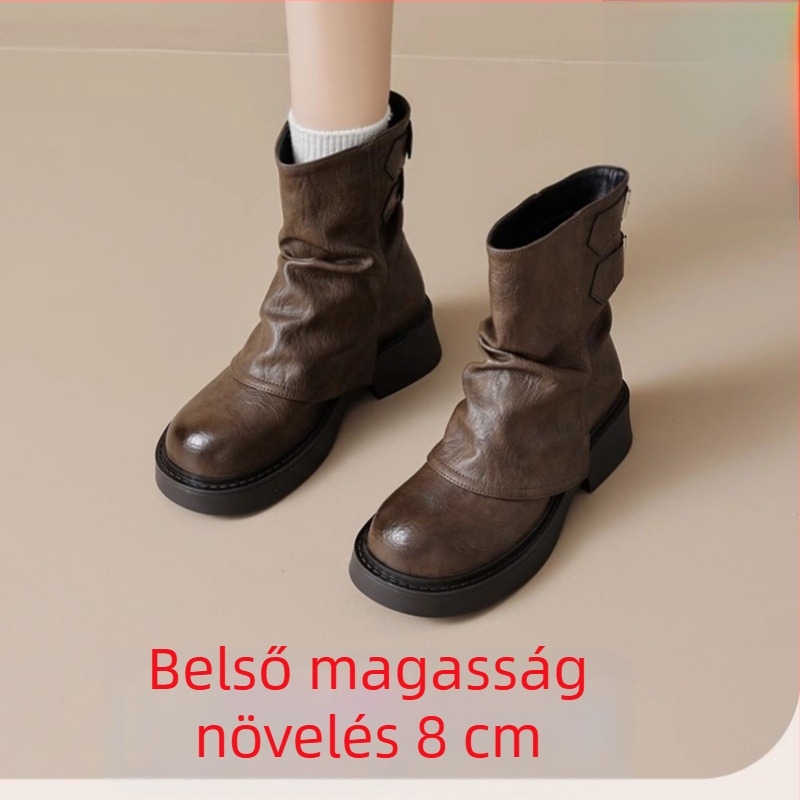 Női Martin csizmák 7 cm belső magasságú emeléssel, 2024 őszi–téli szezonra, fleece‑bélelt havas csizmák, vastag talp, barna