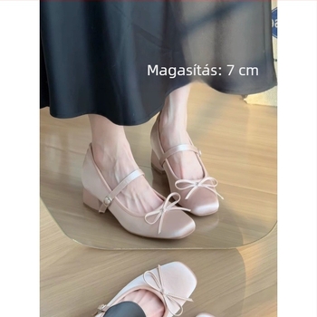 Rózsaszín szatén Mary Jane cipő masnival, magas sarkú, belső 7 cm-es magasságnövelés, puha talp
