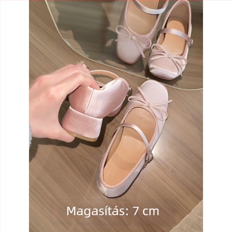 Rózsaszín szatén Mary Jane cipő masnival, magas sarkú, belső 7 cm-es magasságnövelés, puha talp