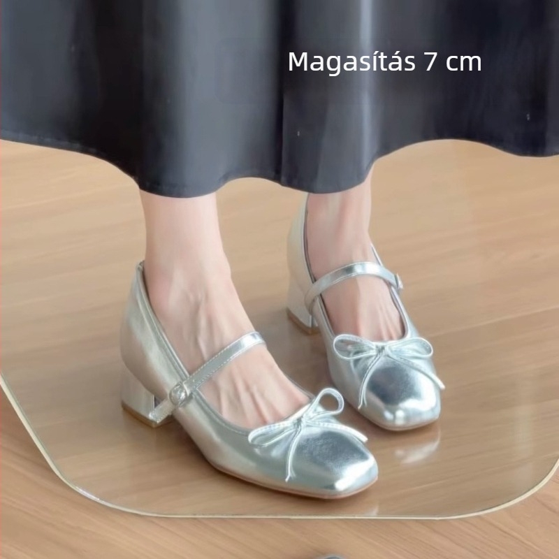 Rózsaszín szatén Mary Jane cipő masnival, magas sarkú, belső 7 cm-es magasságnövelés, puha talp