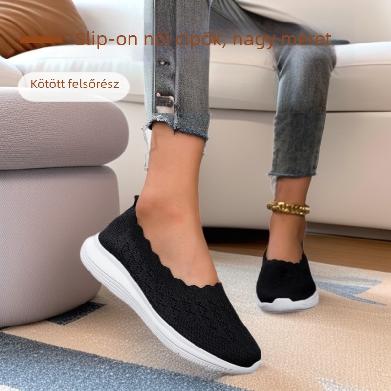 Plusz méretű női slip-on cipő, kötött felsőrésszel, mindennapi viselet