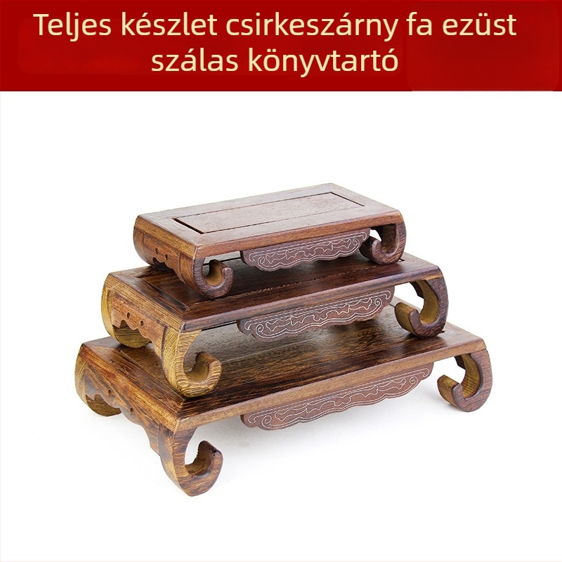 Faragott vörösfenyő Buddha-szobor, téglalap alakú tömörfa talppal és dekoratív kővel