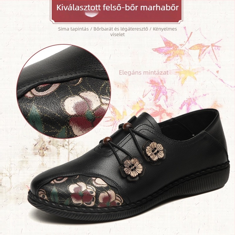 Valódi bőrből készült női lapos cipő, puha talppal, csúszásmentes, etnikus virágmintás bőrcipő, plusz méret, modell 801239