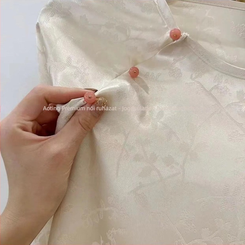 Selyem hosszú ujjas ing gyöngyös jacquard részletekkel, kínai stílusú, elegáns felső 2026 tavaszára