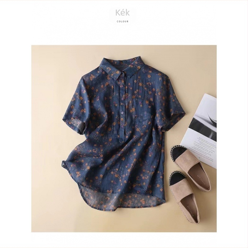 Női pamut–len rövid ujjú ing virágmintával, gallérral, laza szabás, irodalmi-retro stílus, nyár 2025