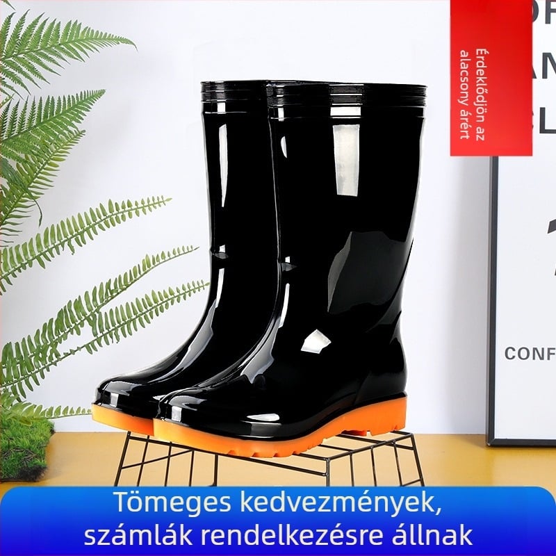 Fekete női esőcsizma középmagas, vízálló, vastag PVC, kültéri munkához