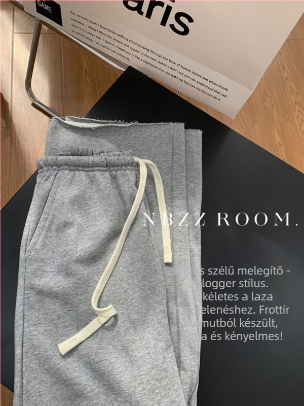 Pamutból készült cropped, egyenes szabású nadrág szakított szegéllyel, derékon húzózsinórral és elasztikus derékkal, nőknek, casual nadrág koreai stílusban