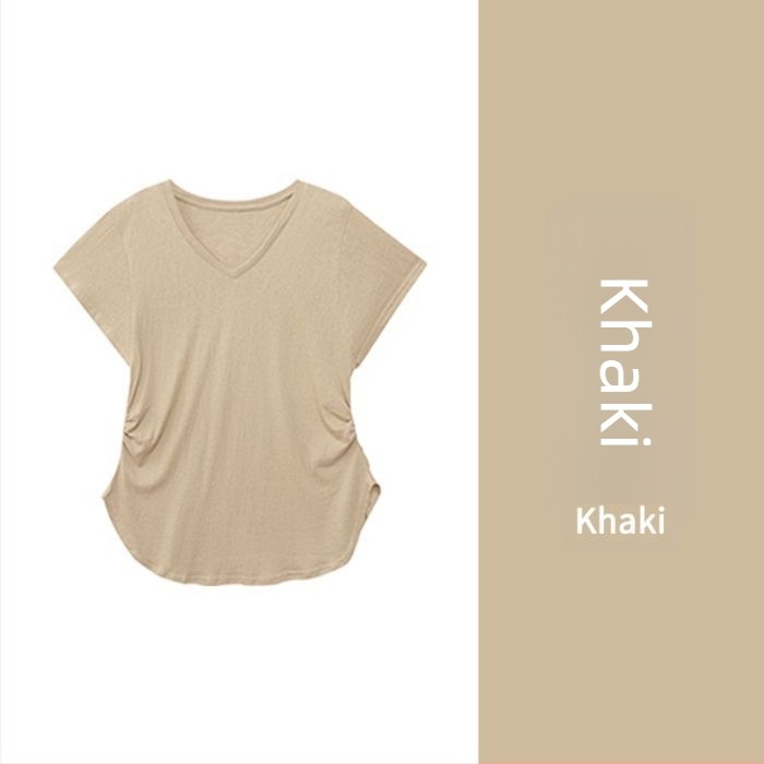 V-nyakú, aszimmetrikus drapált női felső, laza szabás, rövid ujjú, koreai stílusú nyári vékony top