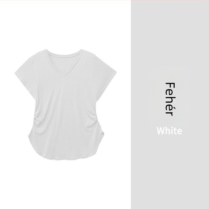 V-nyakú, aszimmetrikus drapált női felső, laza szabás, rövid ujjú, koreai stílusú nyári vékony top