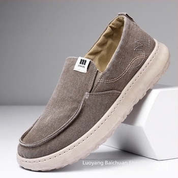 Férfi vászoncipő varrással, slip-on, lélegző, mosható puha talppal, csúszásmentes, kényelmes dad shoes stílusban