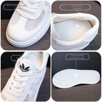 Női fehér bőr sneaker lélegző hálós felsővel, nyári casual cipő, vastag talppal a magasság növeléséért, négy évszakos viselet, német edzőcipő