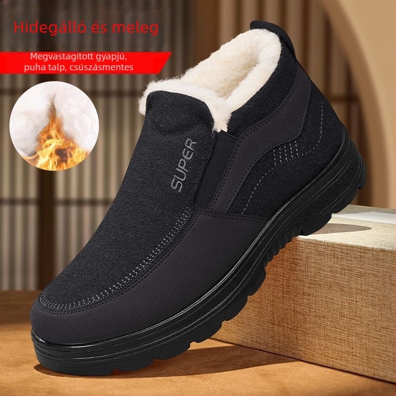 Férfi téli bakancs vastag velúr felülettel és gyapjú béléssel, meleg, csúszásmentes slip-on cipő, mindennapi viseletre