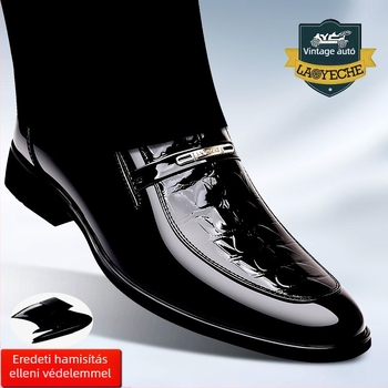 Férfi bőrcipő krokodil bőr mintával, slip-on, lélegző, hegyes orrú, alacsony profil, üzleti és esküvői viselet, gumitalp
