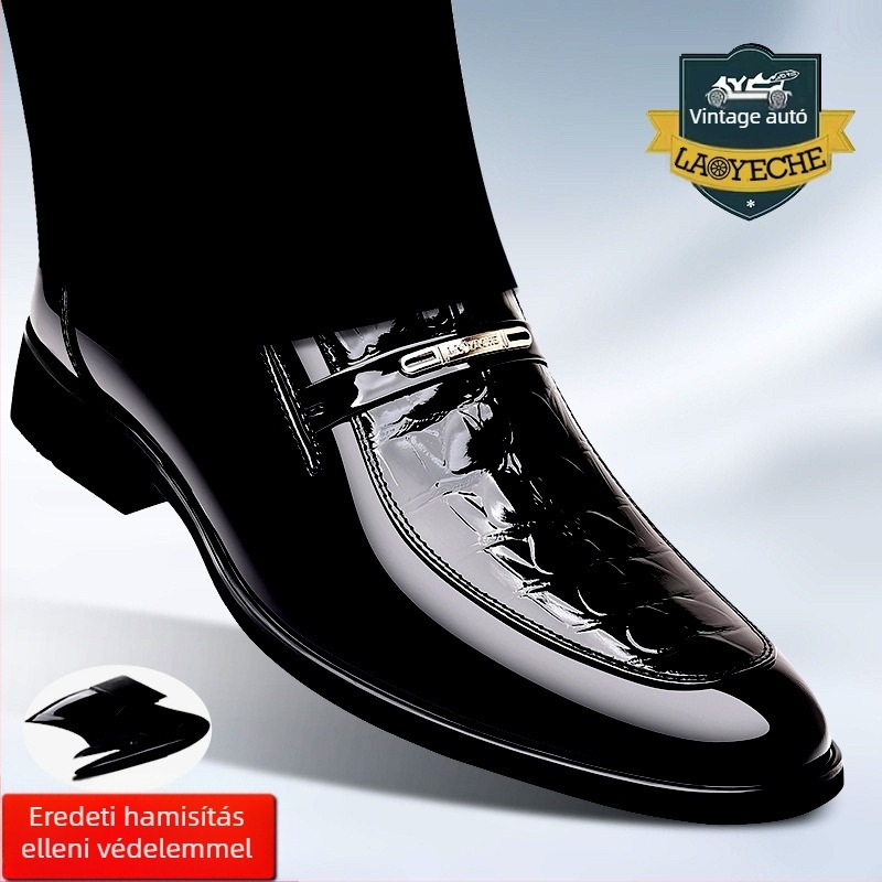 Férfi bőrcipő krokodil bőr mintával, slip-on, lélegző, hegyes orrú, alacsony profil, üzleti és esküvői viselet, gumitalp