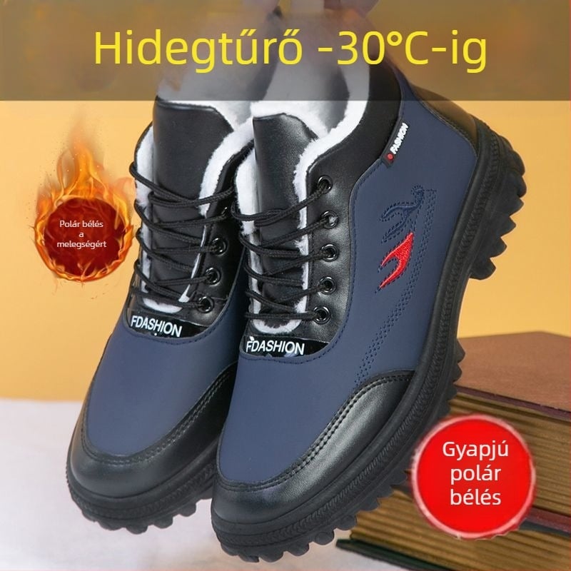 Téli férfi magas szárú cipő, szintetikus bőr, béléses, vastag talppal, csúszásmentes, meleg és vízálló