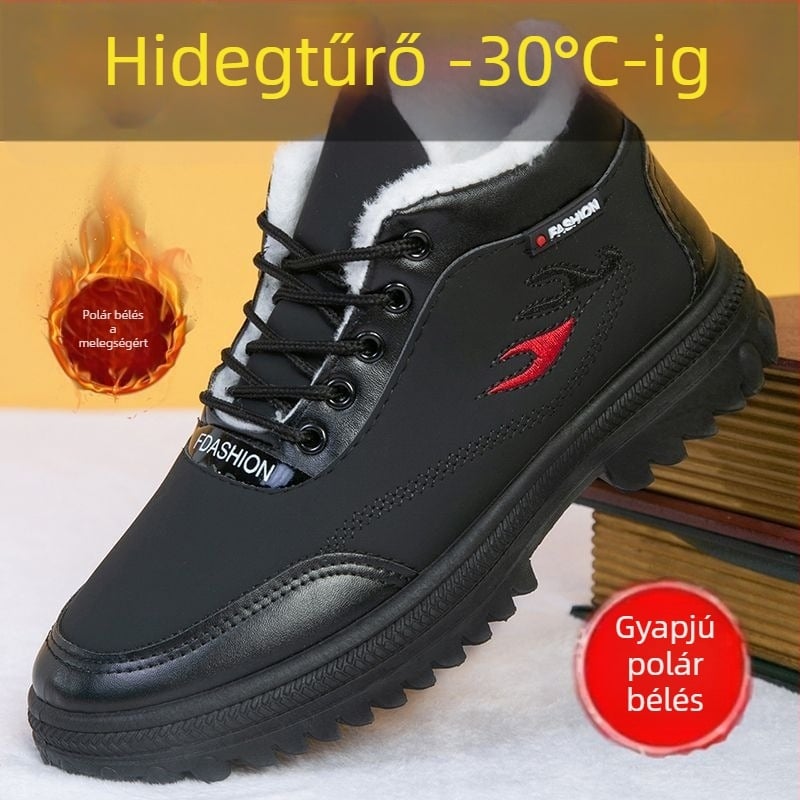 Téli férfi magas szárú cipő, szintetikus bőr, béléses, vastag talppal, csúszásmentes, meleg és vízálló