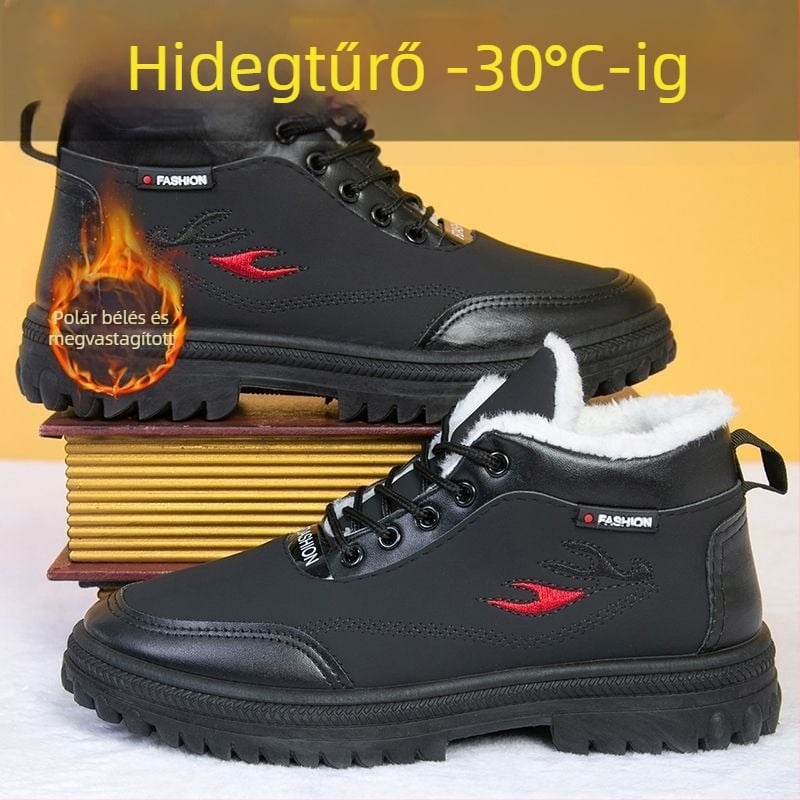 Téli férfi magas szárú cipő, szintetikus bőr, béléses, vastag talppal, csúszásmentes, meleg és vízálló