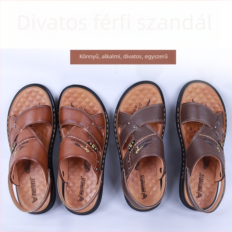 Férfiak számára készült első osztályú marhabőr szandálok, nyári csúszásmentes strandcipők, kényelmesek és tartósak kültéri használatra