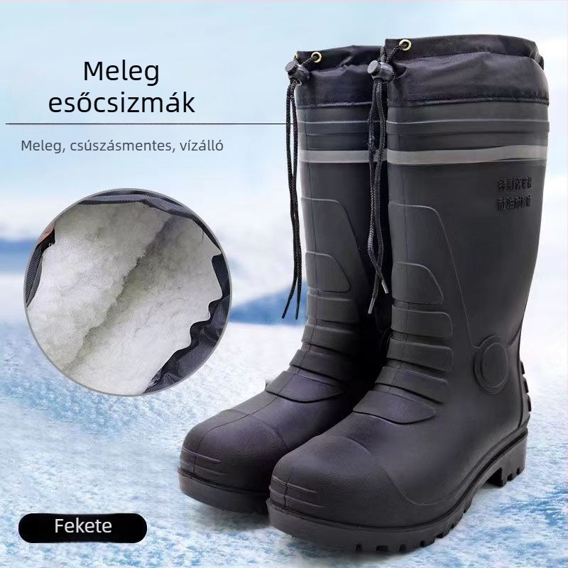 Férfi téli PVC esőcsizma meleg bélés és juhbőr belsővel, vízálló, csúszásmentes, melegen tartó