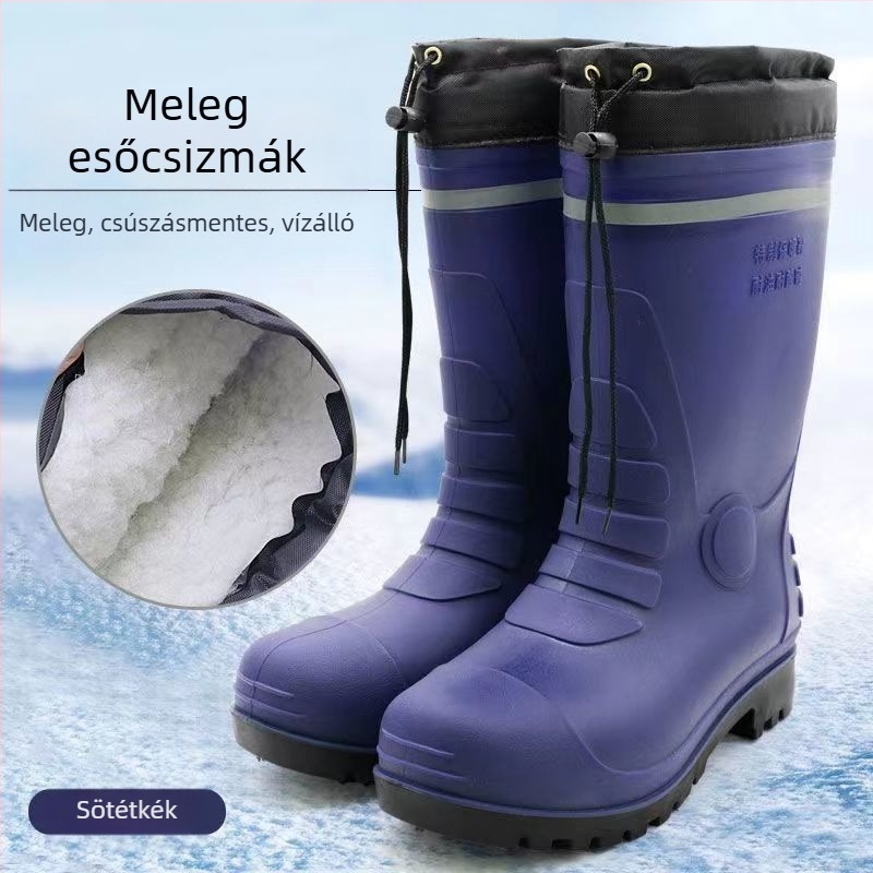 Férfi téli PVC esőcsizma meleg bélés és juhbőr belsővel, vízálló, csúszásmentes, melegen tartó