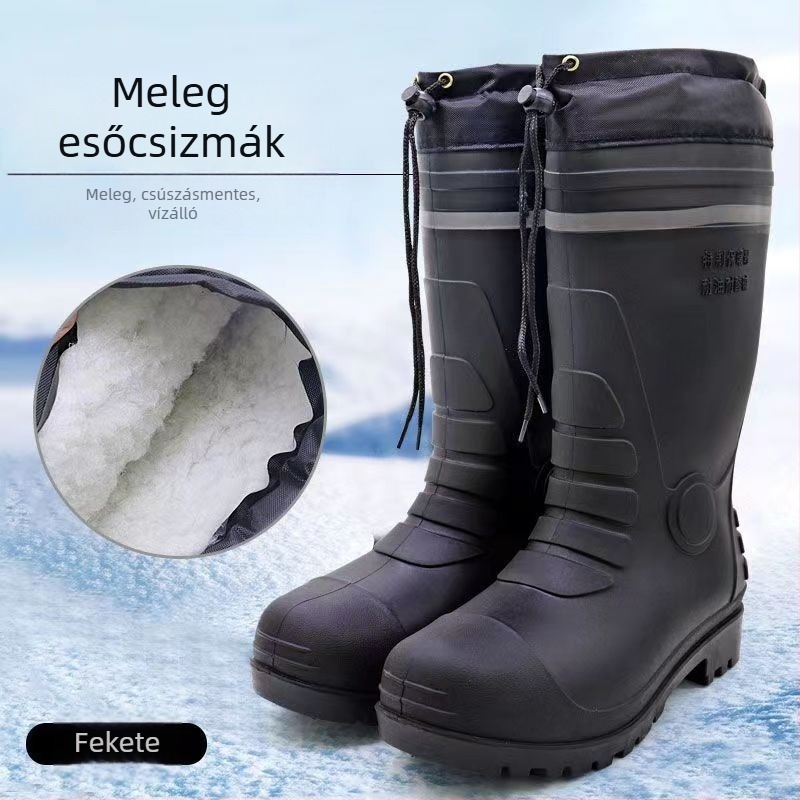 Férfi téli PVC esőcsizma meleg bélés és juhbőr belsővel, vízálló, csúszásmentes, melegen tartó