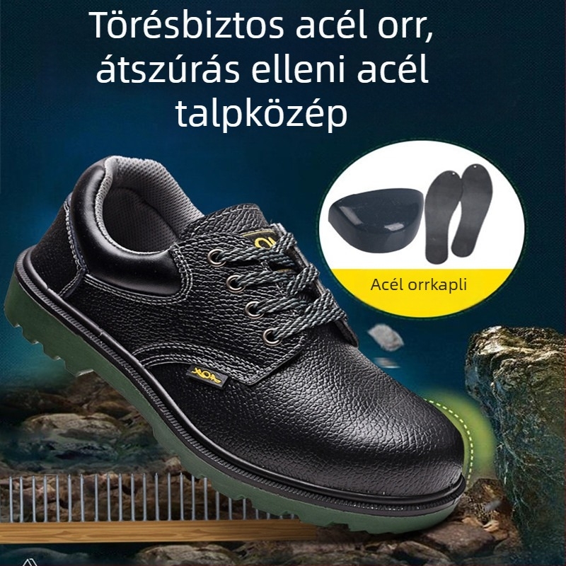 Munkavédelmi cipő ütés- és perforációálló védelemmel, könnyű és kopásálló, felső része granulált bőrből, zöld PU talp, acél orrvédő