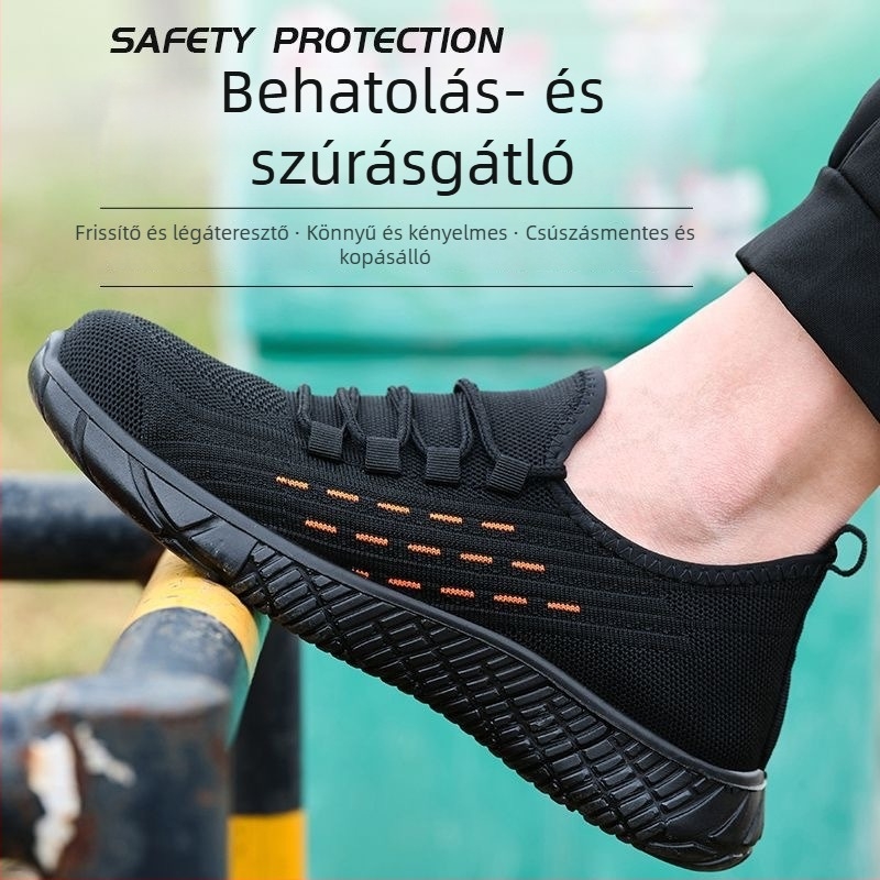 Nyári férfi munkavédelmi cipő ütésálló és perforáció elleni védelemmel, légáteresztő, könnyű, strapabíró merev talppal