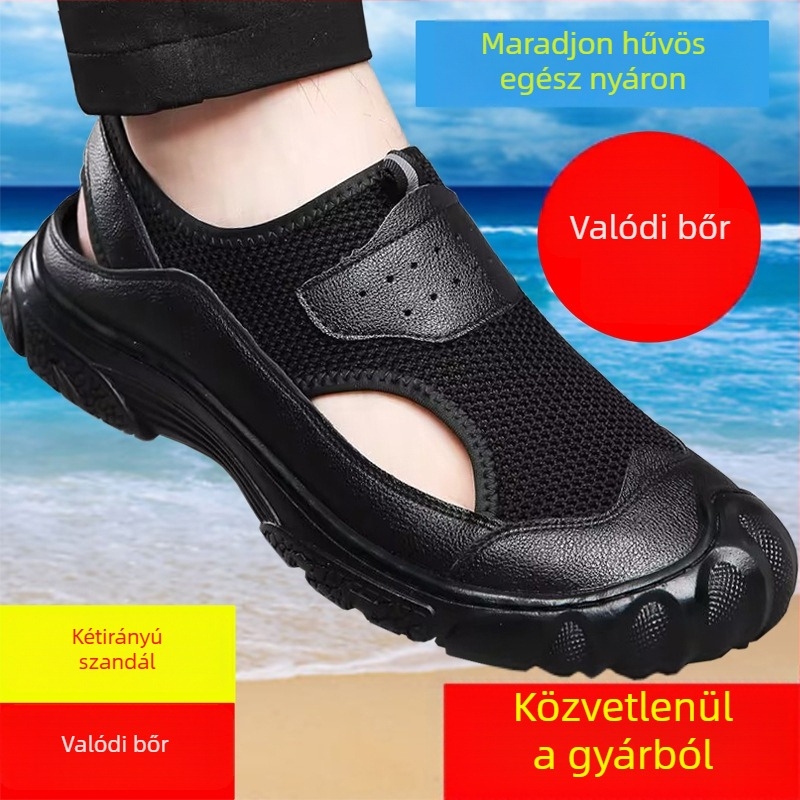 Férfi nyári hajtócipő bőrből készült felsőrésszel és hálós felső résszel, slip-on, kétféle viselet