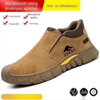 Lélegző marhabőr Slip-on munkavédelmi cipő, szilárd talppal, ütésálló és perforáció elleni védelemmel, csúszásmentes biztonsági cipő hegesztőknek