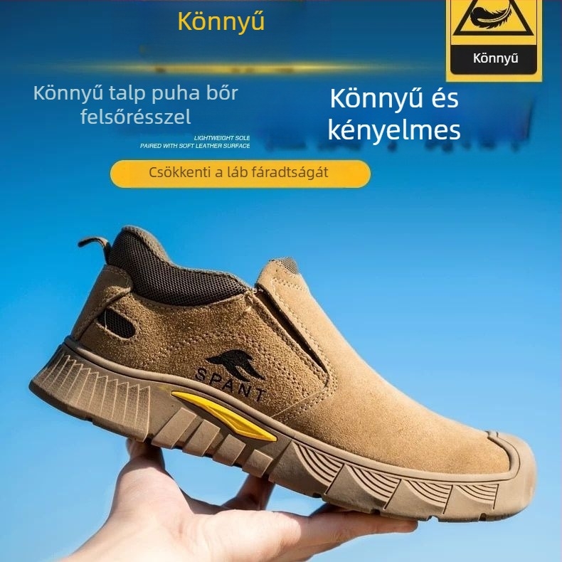 Lélegző marhabőr Slip-on munkavédelmi cipő, szilárd talppal, ütésálló és perforáció elleni védelemmel, csúszásmentes biztonsági cipő hegesztőknek