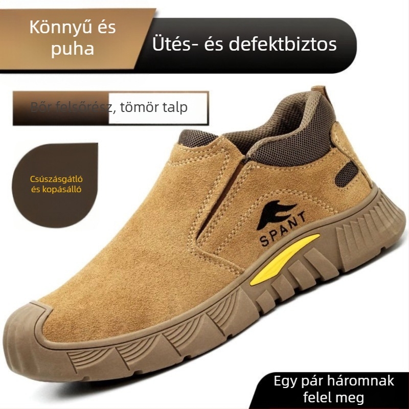 Lélegző marhabőr Slip-on munkavédelmi cipő, szilárd talppal, ütésálló és perforáció elleni védelemmel, csúszásmentes biztonsági cipő hegesztőknek