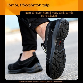 Acélbetétes slip-on munkacipő, lélegző, nyári könnyű, ütés- és perforációálló, felsőrész nubuk és háló, kék/fekete