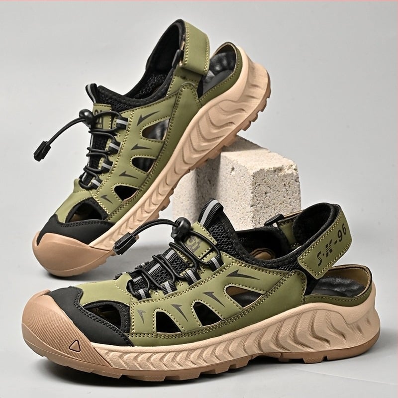 Férfi zárt-ujjú túrasandál, légáteresztő hálós belsővel, nyári sportos strandcipő