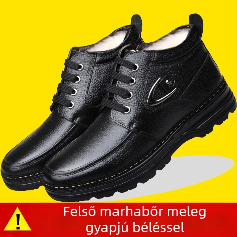 Férfi téli magas szárú bőrcipő fleece-béléssel, meleg, csúszásmentes talppal, casual