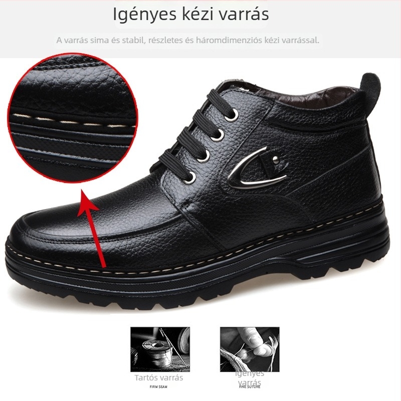 Férfi téli magas szárú bőrcipő fleece-béléssel, meleg, csúszásmentes talppal, casual