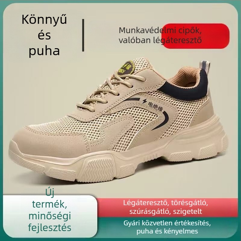 Férfi nyári munkavédelmi cipő ütés- és perforációvédelmmel, műanyag- és acél ujjvédővel, szigetelt, könnyű, lélegző, kopásálló, szagtalan