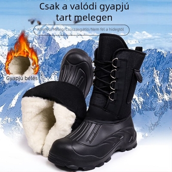 Uniszex téli hócsizma, vízálló, csúszásmentes vastag talppal, belső gyapjú- és báránybőr bélés, kültéri munka és jéghez