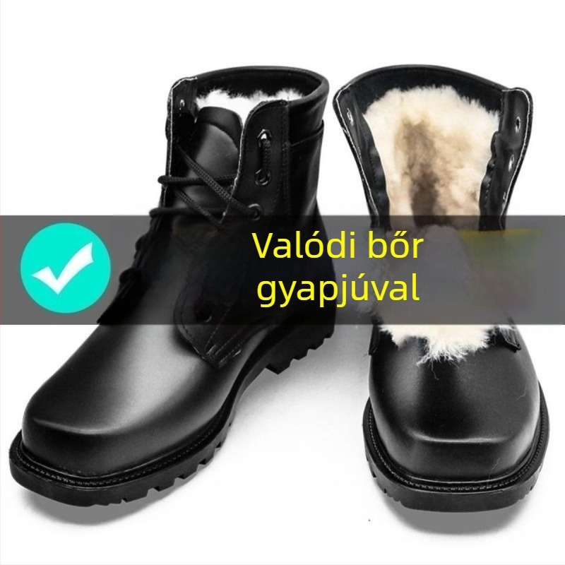 Tehénbőr bakancs hóban, vastag gyapjú bélés, téli vízálló magas szárú bőrcsizma