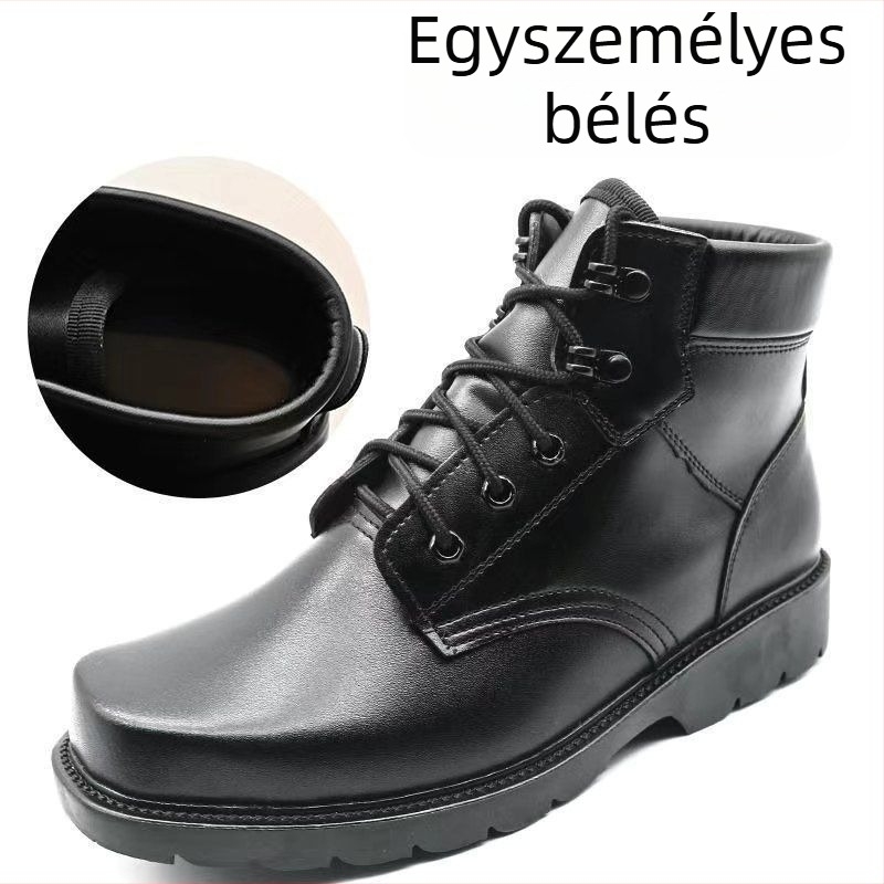 Tehénbőr bakancs hóban, vastag gyapjú bélés, téli vízálló magas szárú bőrcsizma