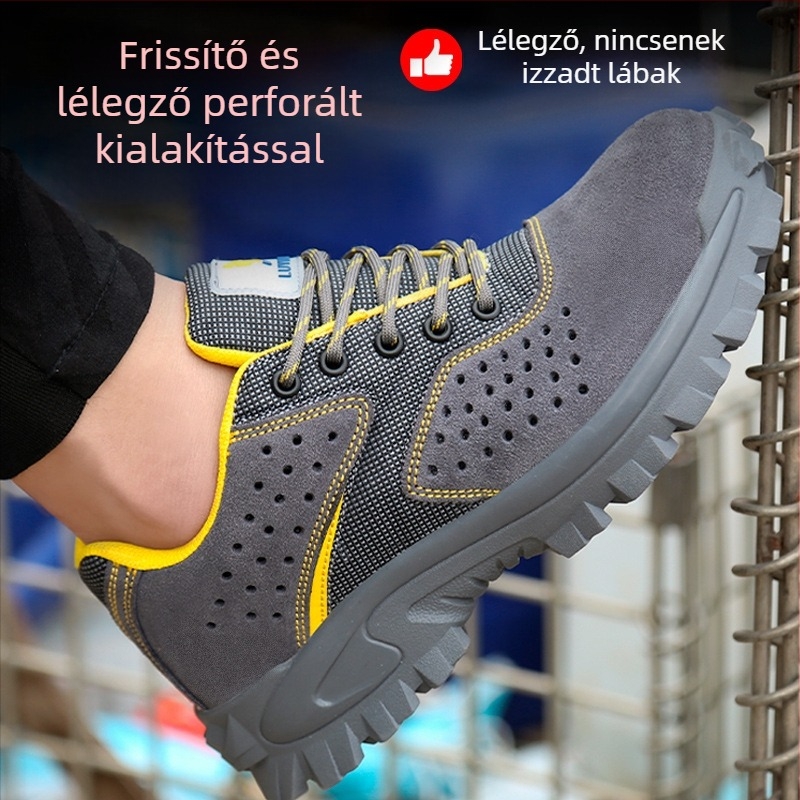 Férfi nyári munkavédelmi cipő acélbetéttel, ütés- és átszúrásálló, csúszásmentes, hegesztőcipő, könnyű és légáteresztő