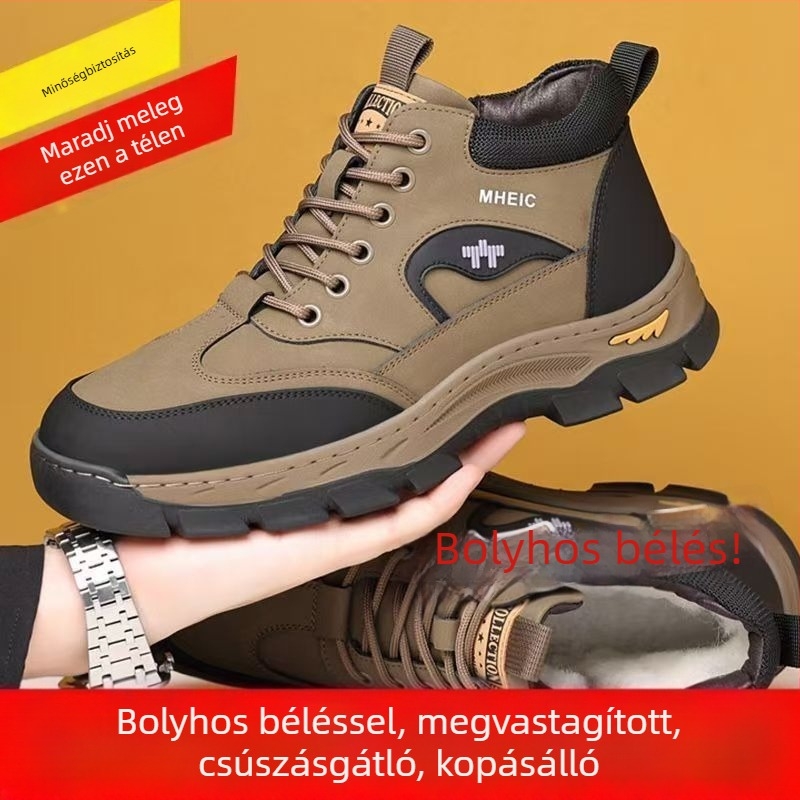 Férfi téli bőrpapucs belső szőrme béléssel, magas felső rész, meleg és kényelmes