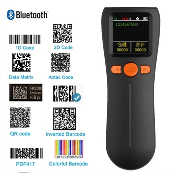 Kis méretű hordozható Bluetooth vonalkódolvasó 1D/2D kódokhoz, nagy kijelzővel és tárhellyel